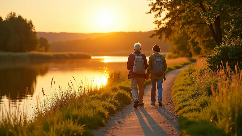 Seniori iet pa asfalta taku pie ūdens, saule spīd ļoti skaisti un silts rudens vakars