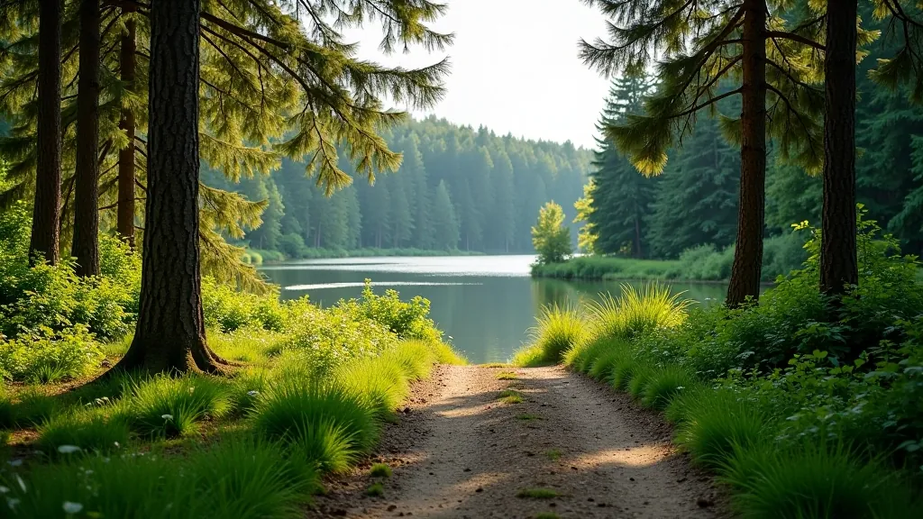 Maigs ūdensmalas pārgājiens pa priežu meža takām, daba apkārtne, mieru atmosfēra